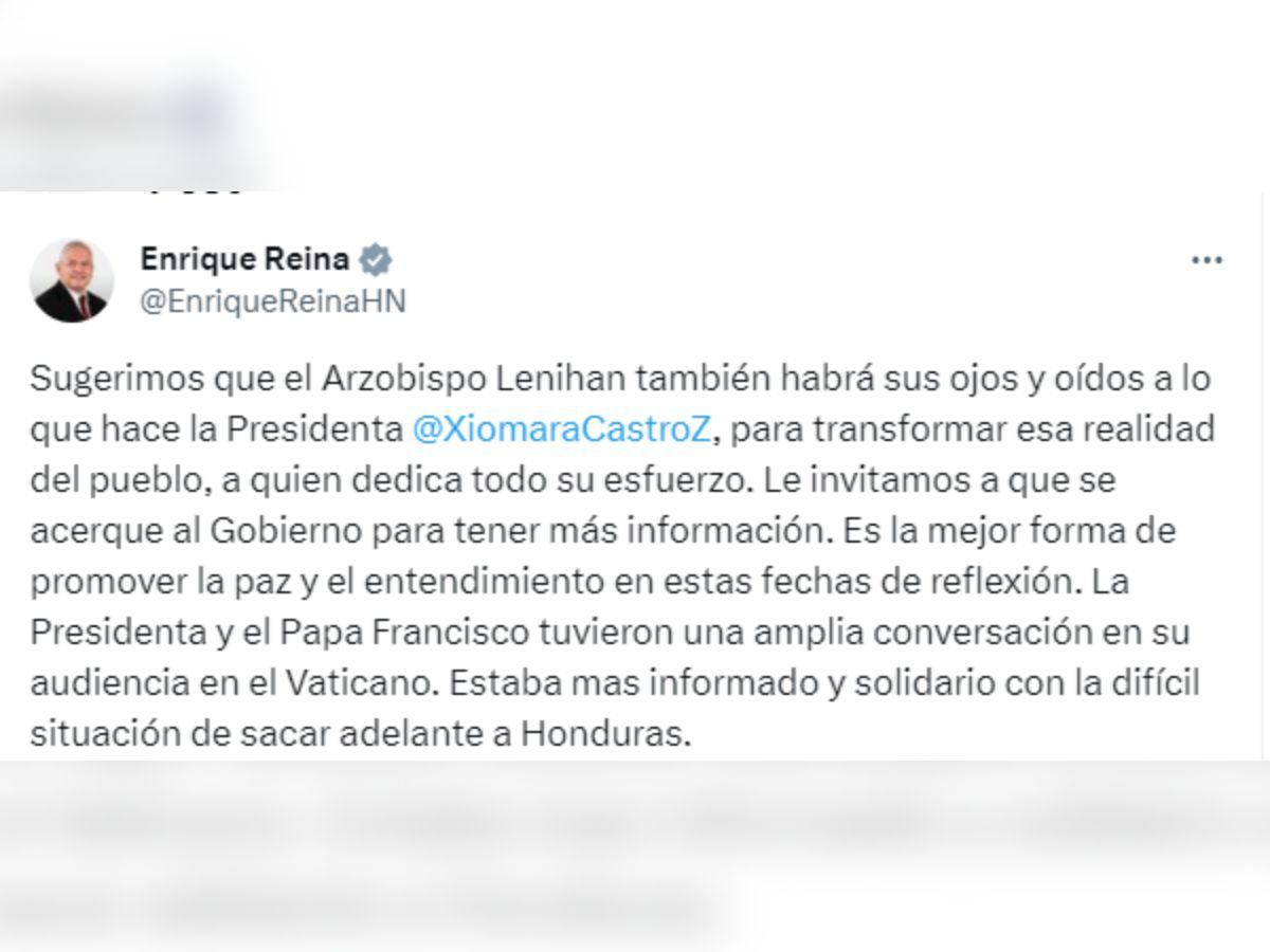 Canciller responde a arzobispo y asegura que el Papa estaba más informado sobre Honduras