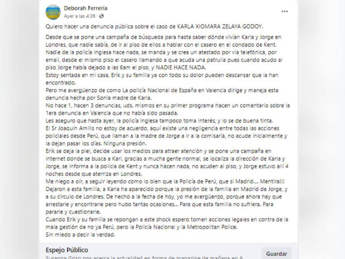 El mensaje íntegro publicado por la amiga de la víctima.