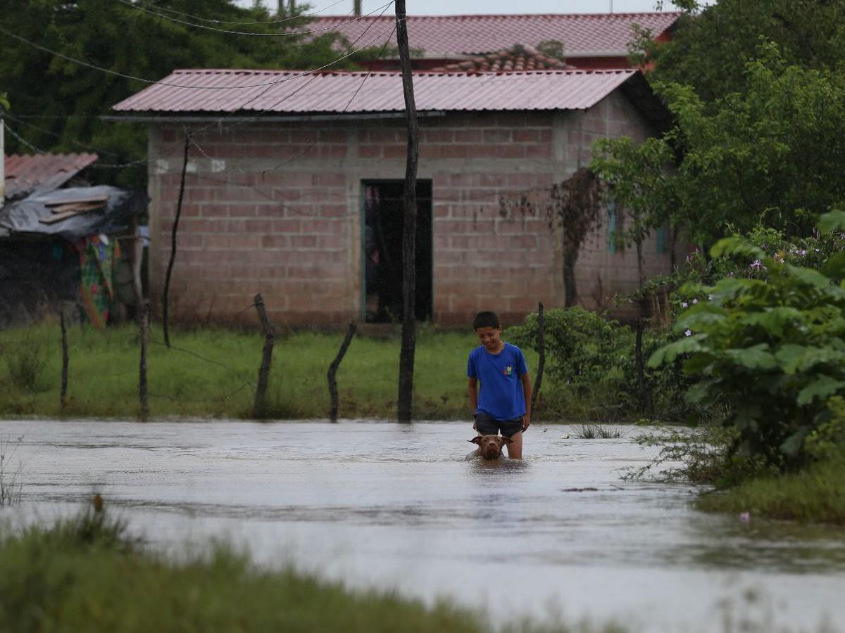 Un menor juega con su perro en una calle que parece un río a causa de las intermitentes lluvias.