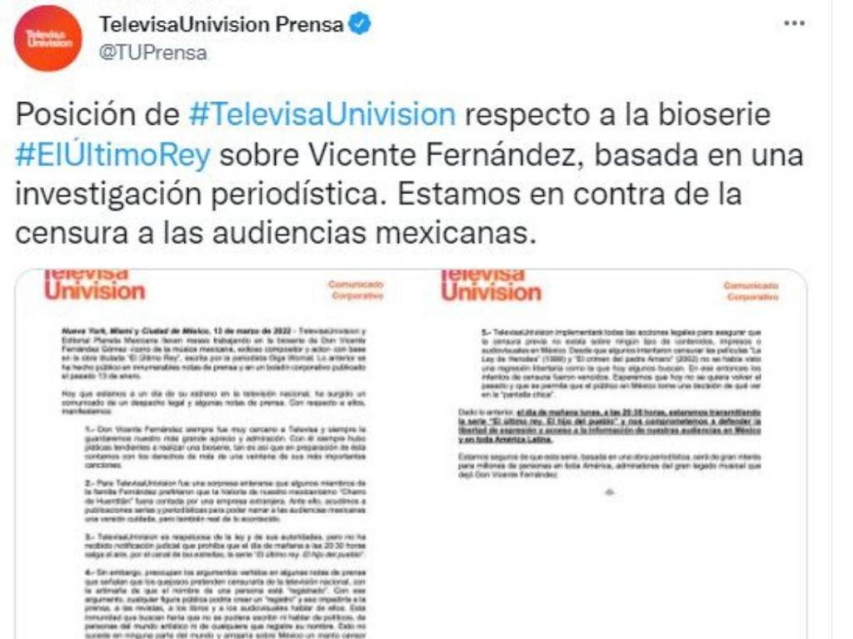 El comunicado que emitió televisa sobre la serie de ‘Chente’.