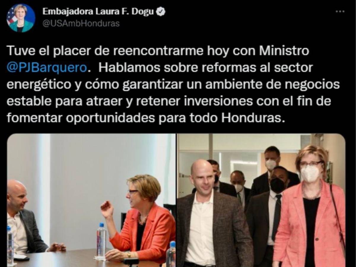 Embajadora de EE UU en Honduras abordó temas energéticos con Pedro Barquero