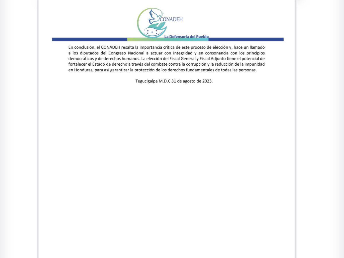 Conadeh llama respetar el mérito y la paridad de género en elección de fiscal general y adjunto