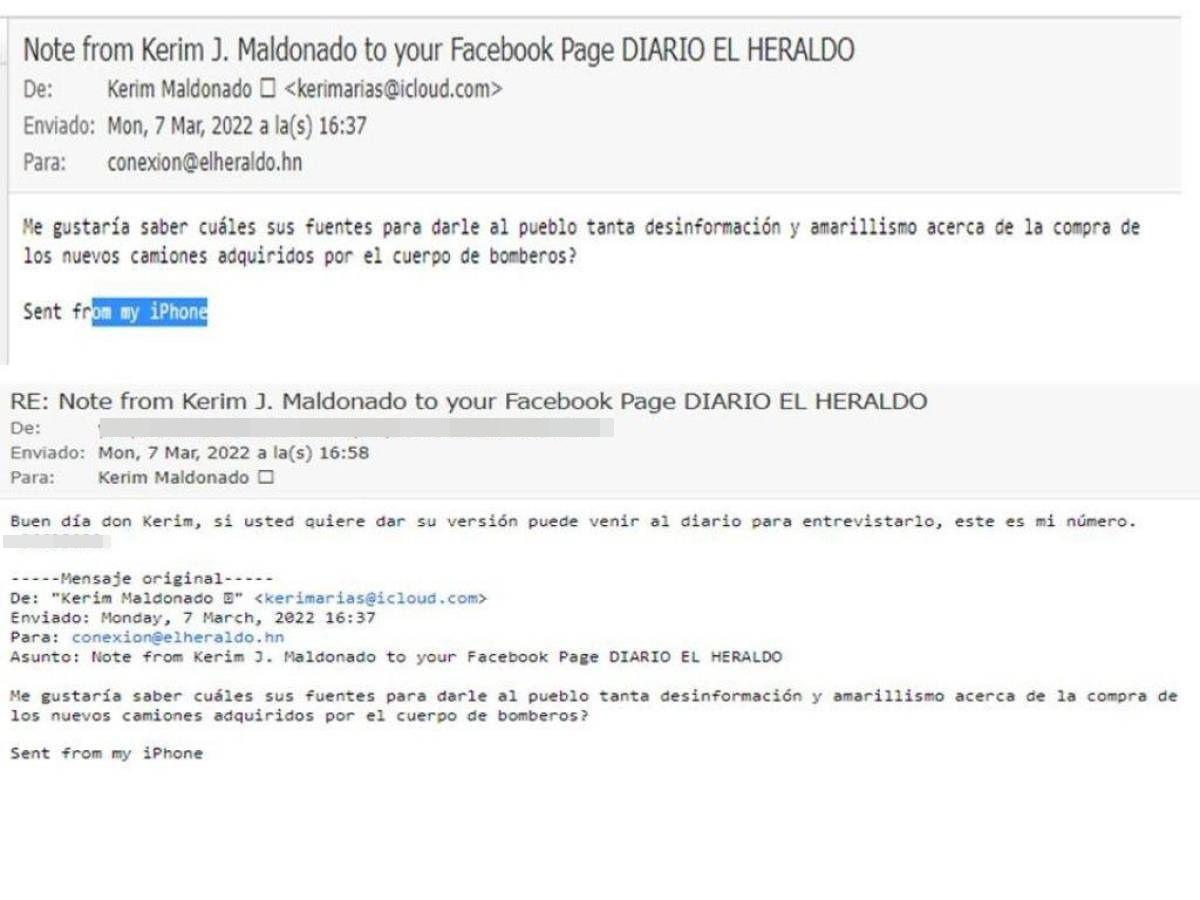 Captura de pantalla del correo electrónico enviado por Kerim Maldonado.