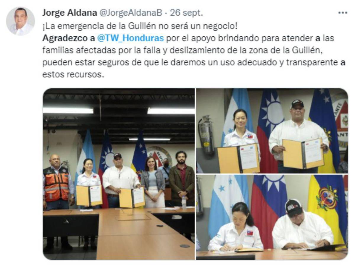 Gobierno de Taiwán dona 500 mil dólares a Honduras para atender a damnificados por lluvias