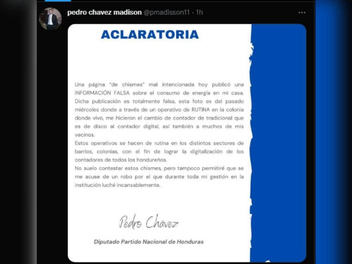 Diputado Pedro Chávez desmiente corte de energía eléctrica por hurto en su vivienda