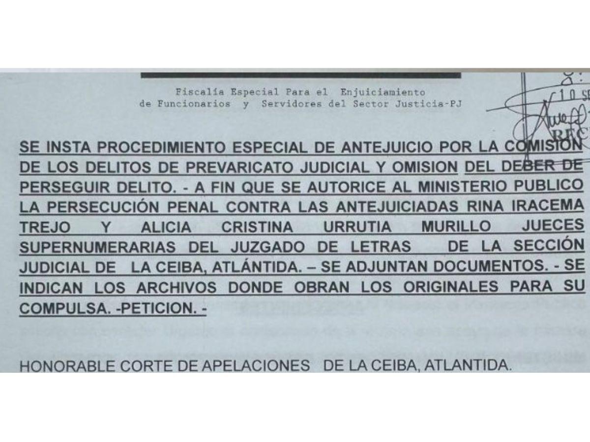 El antejuicio contra las juezas de La Ceiba fue interpuesto ante la Corte de Apelaciones Penal de Atlántida.