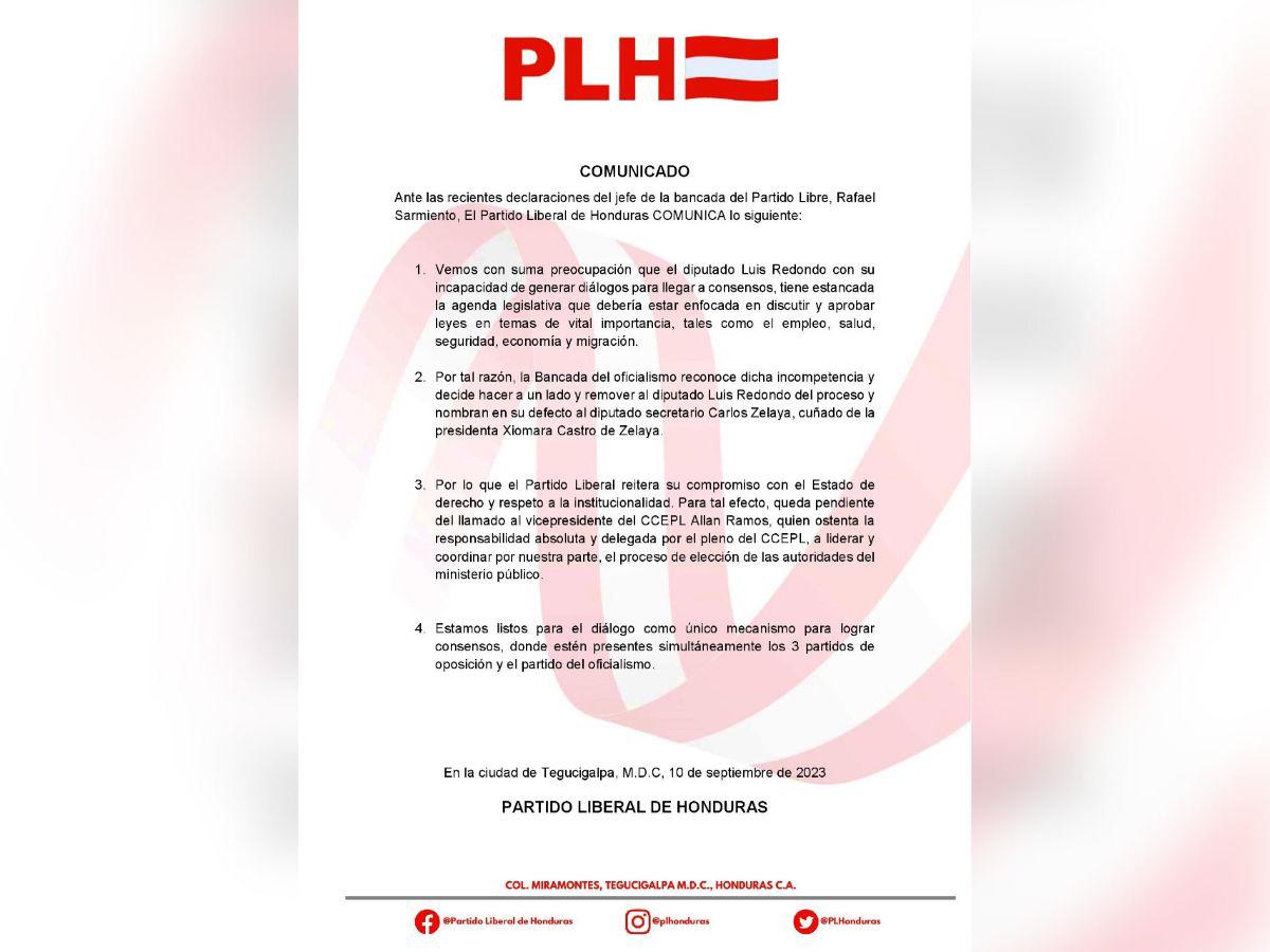 Comunicado del Partido Liberal.