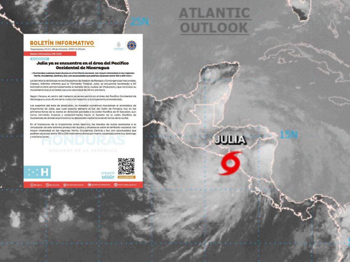 Julia avanza por costa pacífica de Honduras y deja fuertes lluvias en cuatro regiones