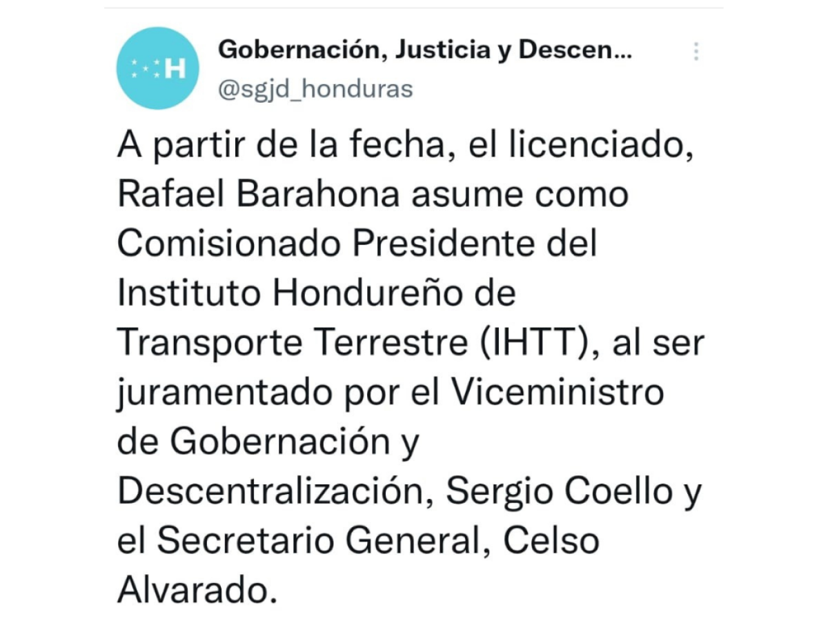 Rafael Barahona es el nuevo Comisionado presidente del Instituto Hondureño de Transporte Terrestre