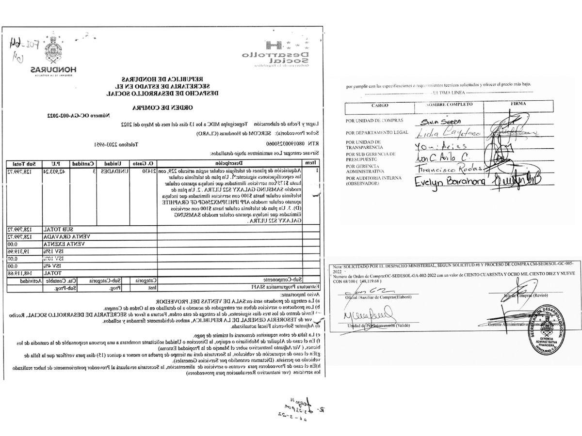 Documentos en poder de EL HERALDO demuestran que los funcionarios de Sedesol pidieron los teléfonos celulares a su gusto. La orden de compra fue por más de 148 mil lempiras.