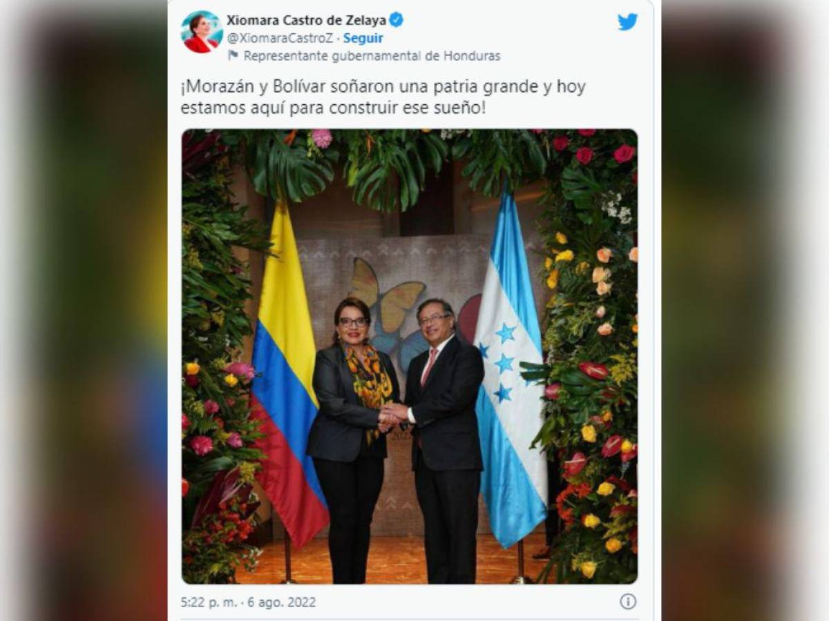 Presidenta Xiomara Castro se reúne con Gustavo Petro, antes de toma de posesión en Colombia