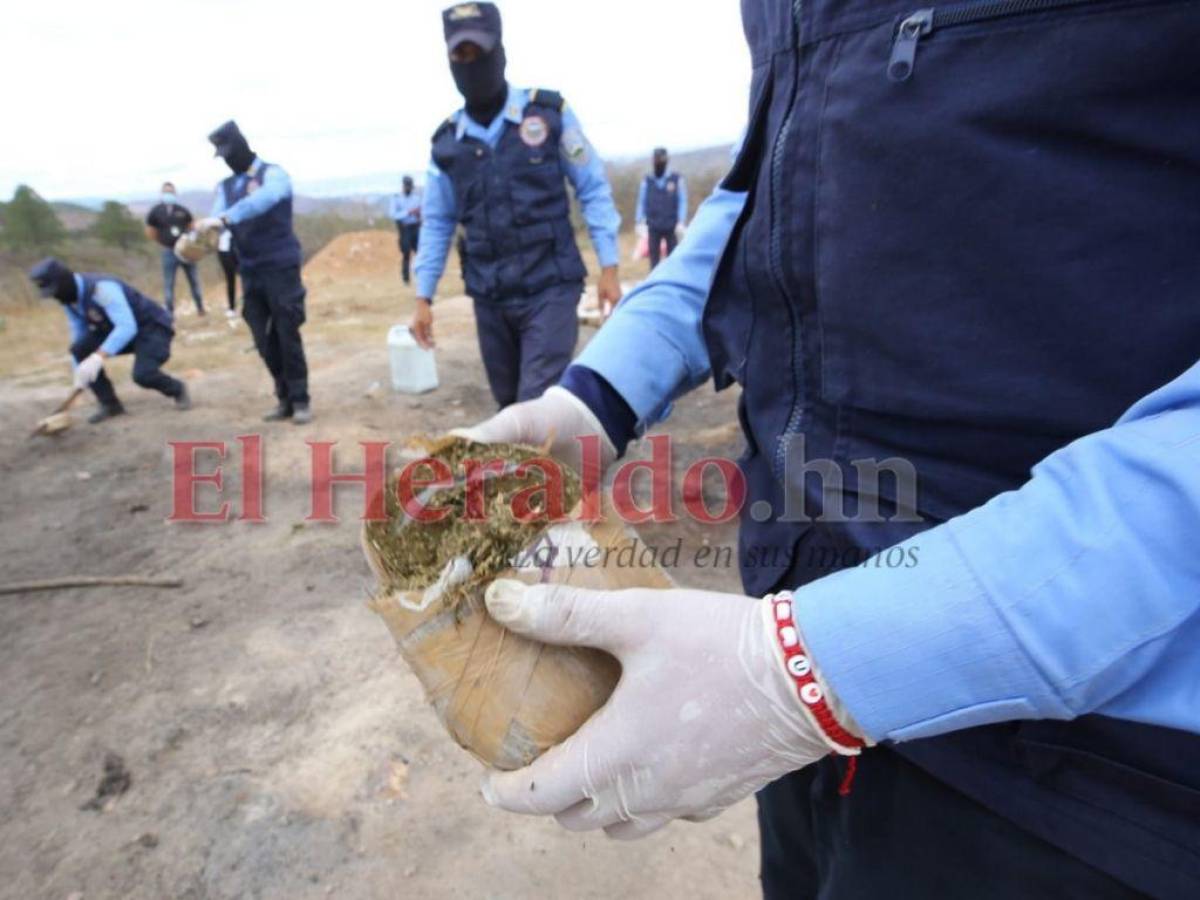 Agentes de la Policía Nacional muestran el contenido de las bolsas.