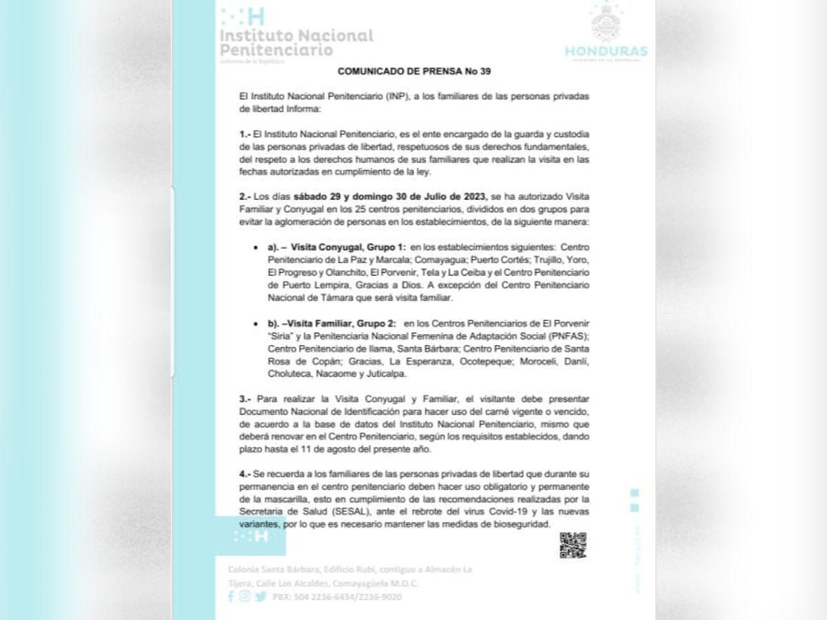 Este es el comunicado publicado por el Instituto Nacional Penitenciario