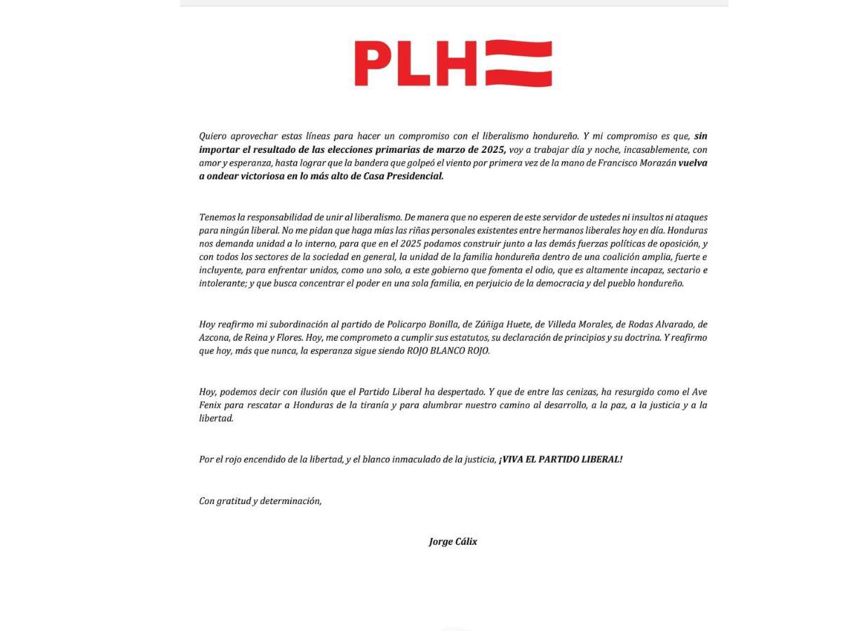 ¿Qué dice la carta de Jorge Cálix dirigida al Partido Liberal?