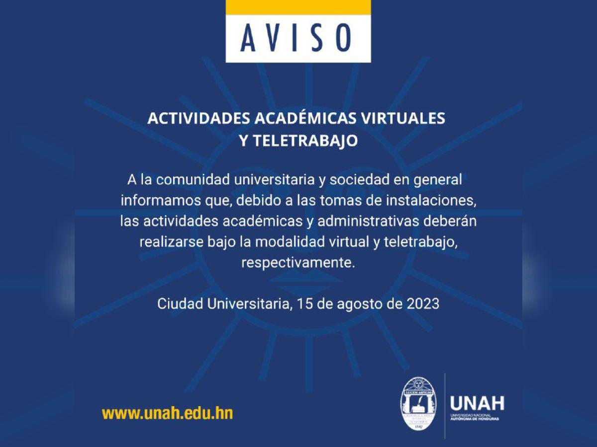 Comunicado publicado por la Universidad Nacional Autónoma de Honduras.