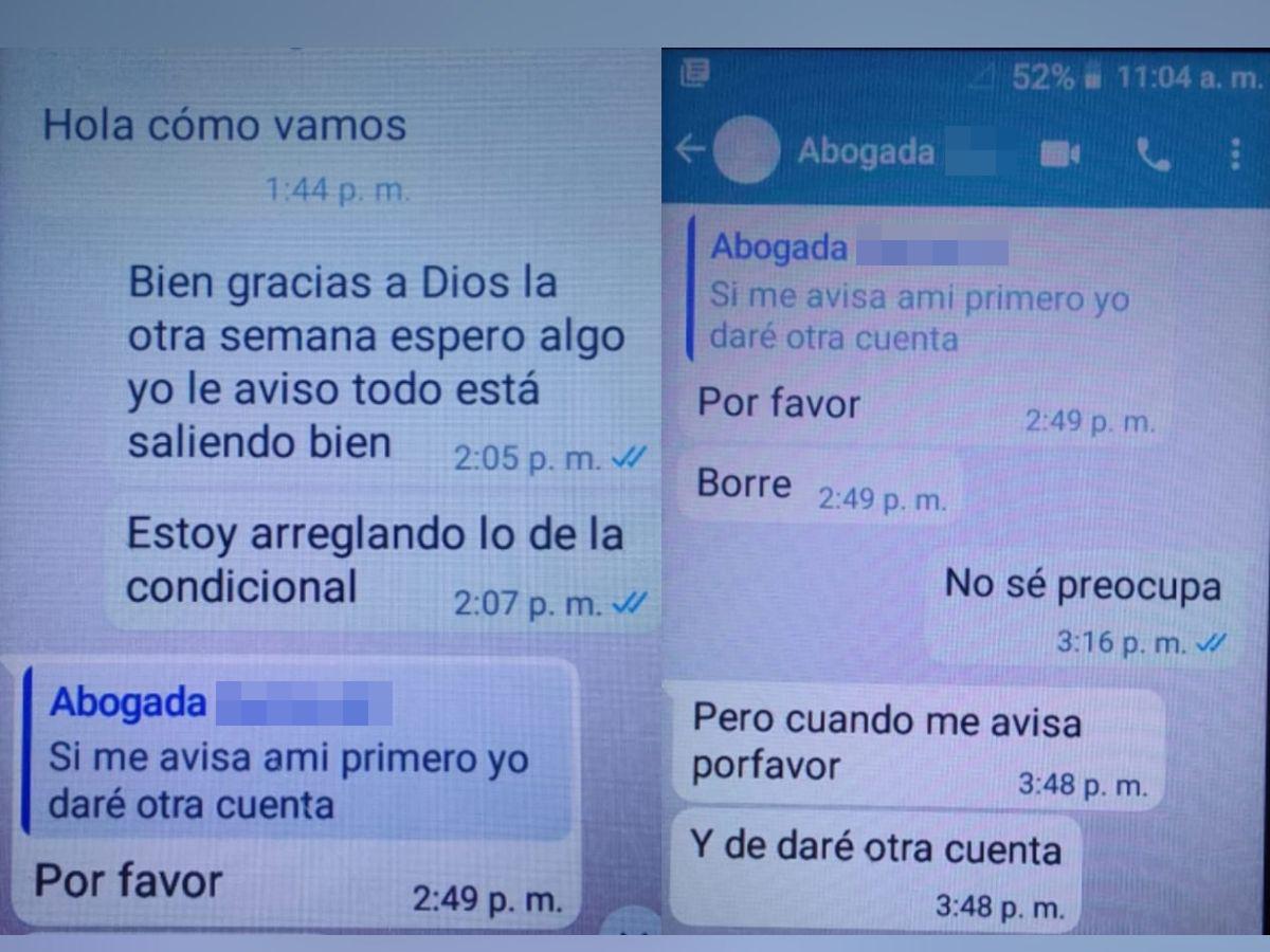 $!Mensajes de WhatsApp donde una de las abogadas del penal le exige dinero a un interno por haberlo liberado tras concluir su pena.