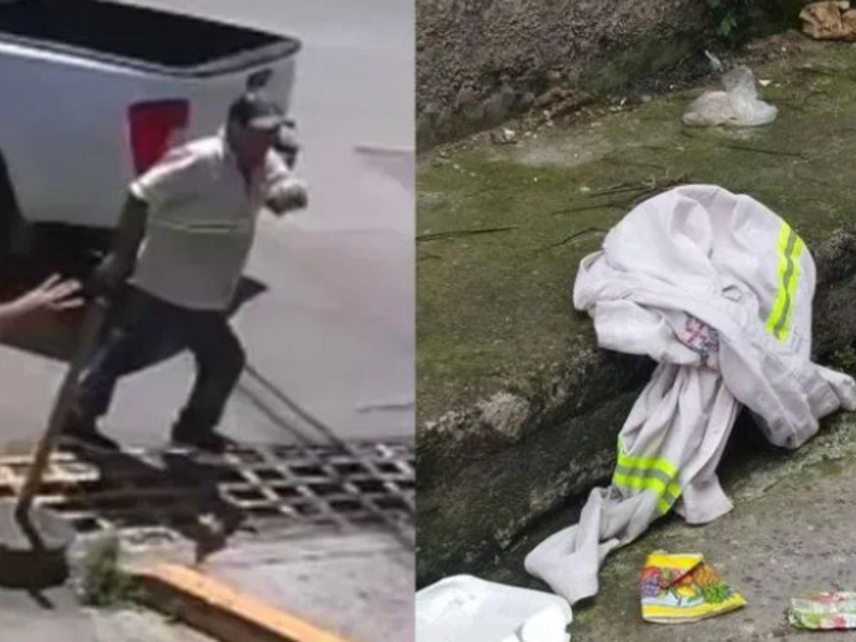 Capturas tomadas del video donde se muestra el momento en el que el asaltante deja abandonada la camisa.