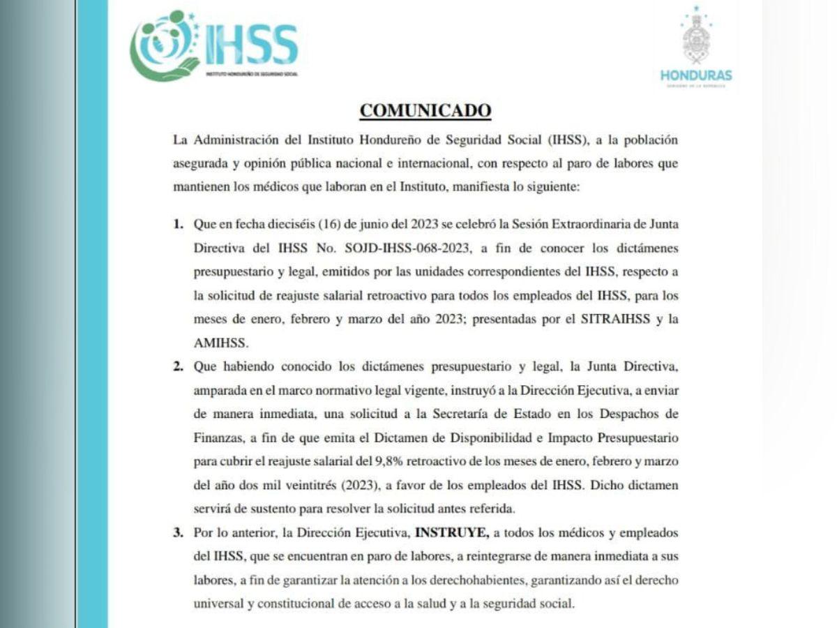El comunicado con el que el IHSS anunció pago de reajuste salarial retroactivo.
