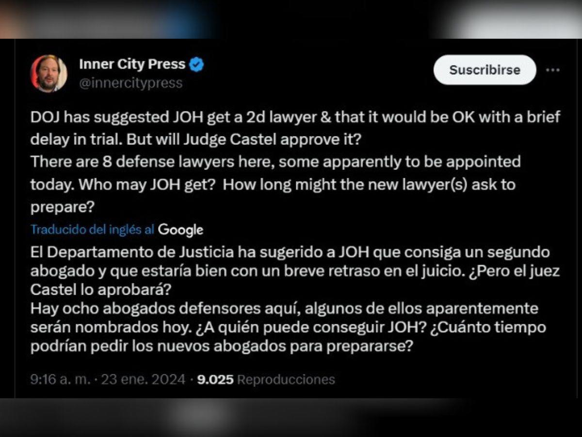 Departamento de Justicia de EUA a favor de un “breve retraso” en juicio de JOH