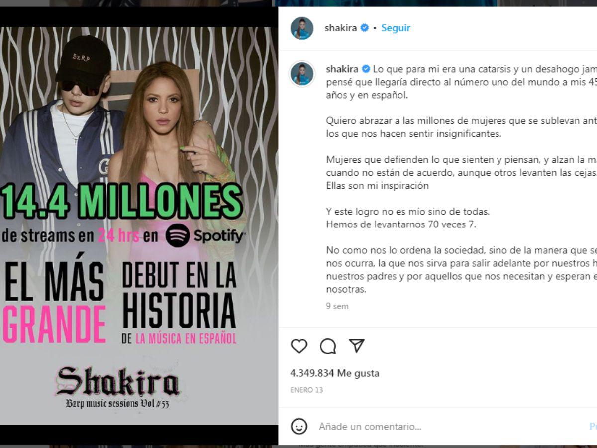 Publicación en la cuenta oficial de Shakira hablando de éxito sobre Music Session.