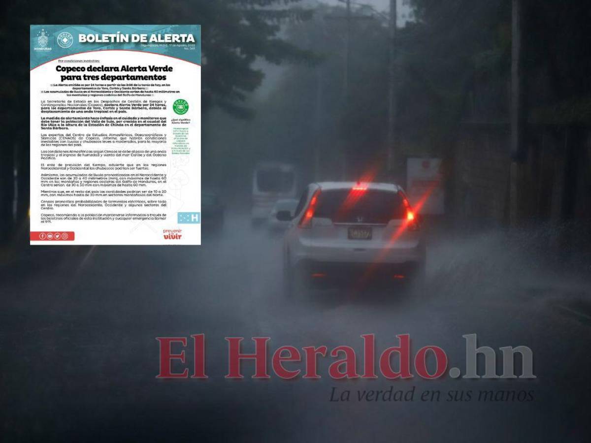 Continuarán lluvias en Honduras por ingreso de onda tropical; hay cinco departamentos en alerta verde