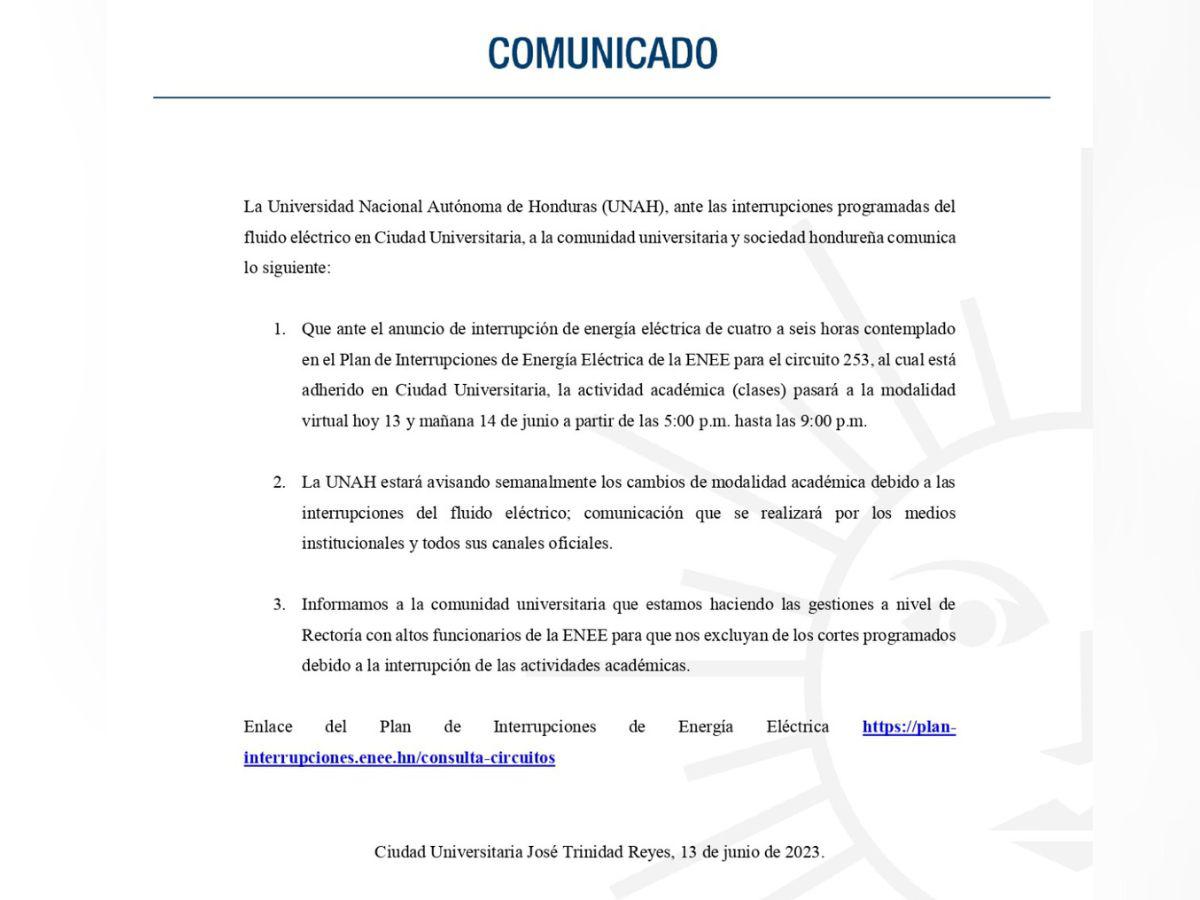 El comunicado de la UNAH anunciado las clases virtuales del martes y miércoles.