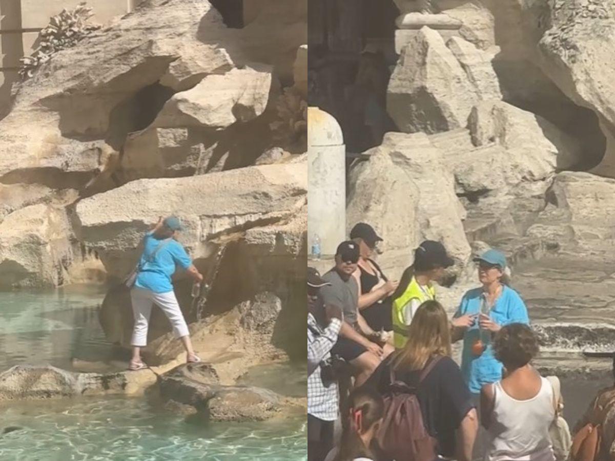 Captan en video a turista que sube la Fontana di Trevi para llenar un bote de agua