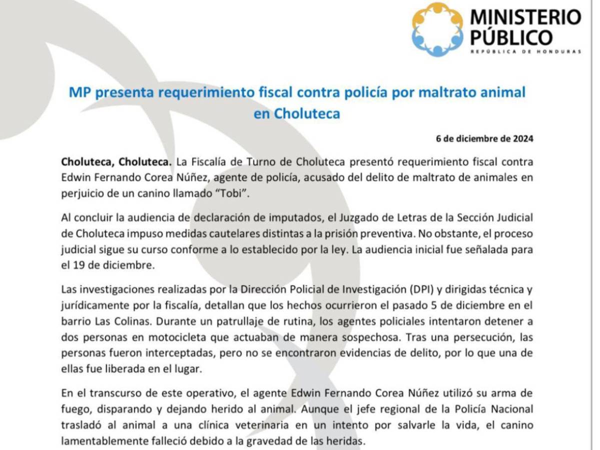 A audiencia inicial en 12 días: ¿Quién es el agente acusado de matar cruelmente a Toby?