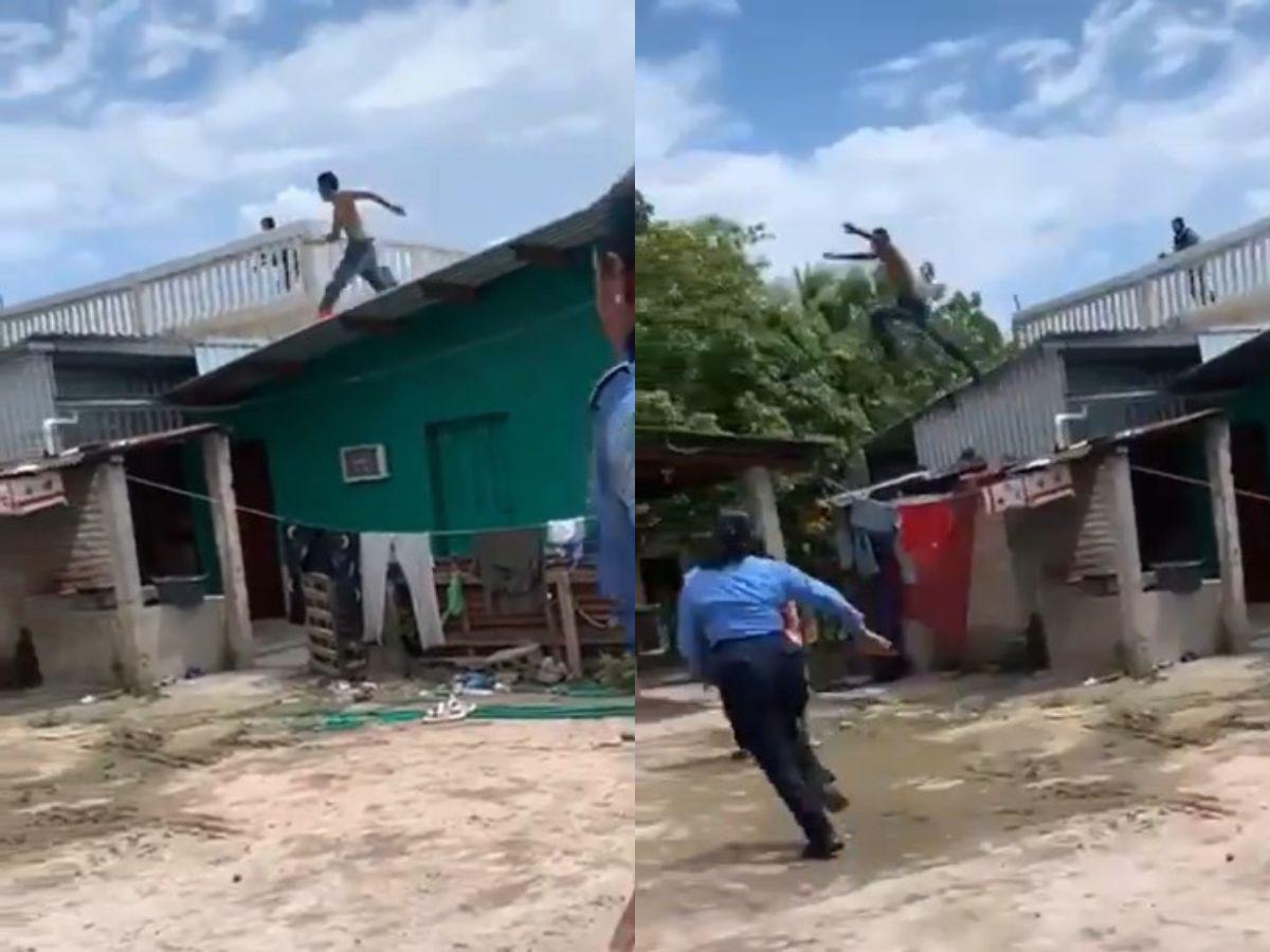 El hombre realizó un gran saltó para librarse de la captura.