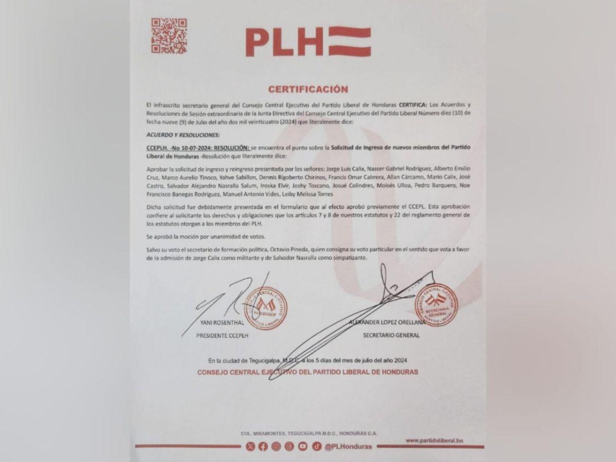 Resolución de la Junta Directiva del CCEPL que certifica el ingreso de exmiembros de Libre y del PSH al Partido Liberal.