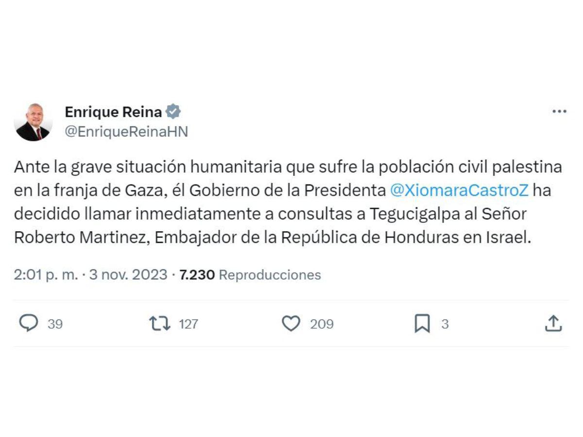 Cancillería llama a consultas a embajador de Honduras en Israel