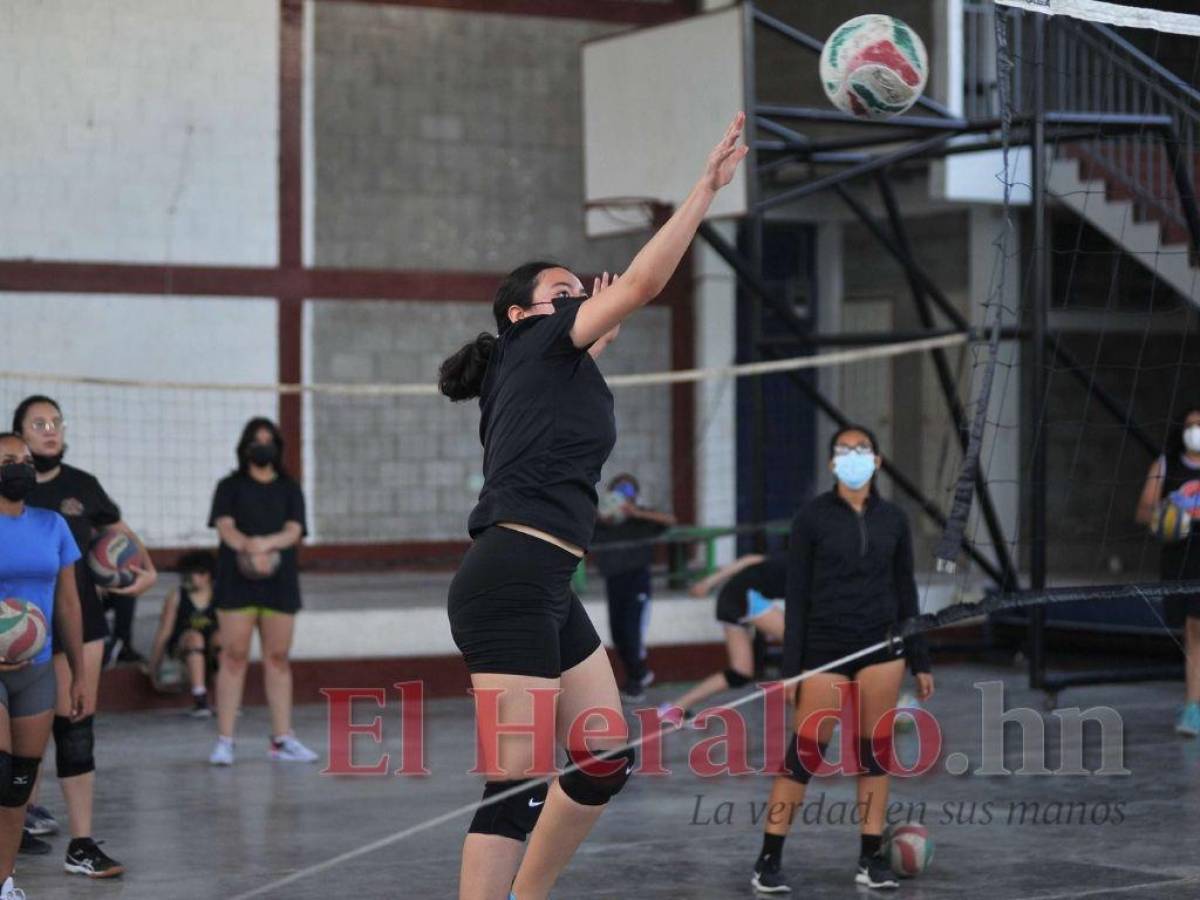 Una de las jugadoras practica su remate sobre la red.