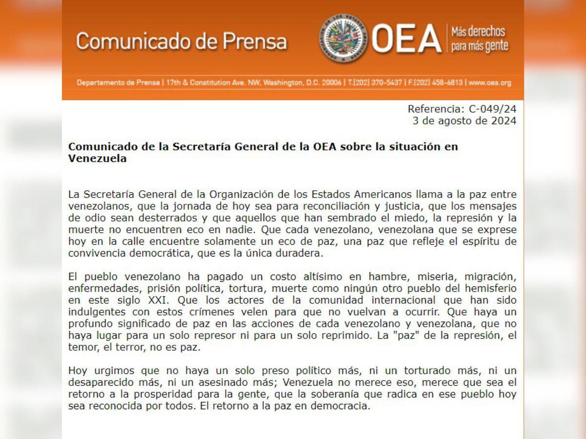 OEA llama a la paz en Venezuela y piden que no haya “ni un asesinado más” en protestas