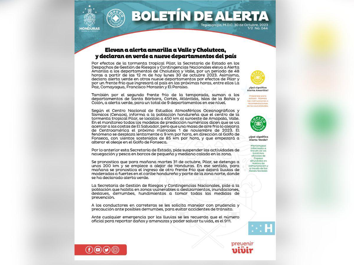 Comunicado de alerta amarilla por efectos de la tormenta Pilar.