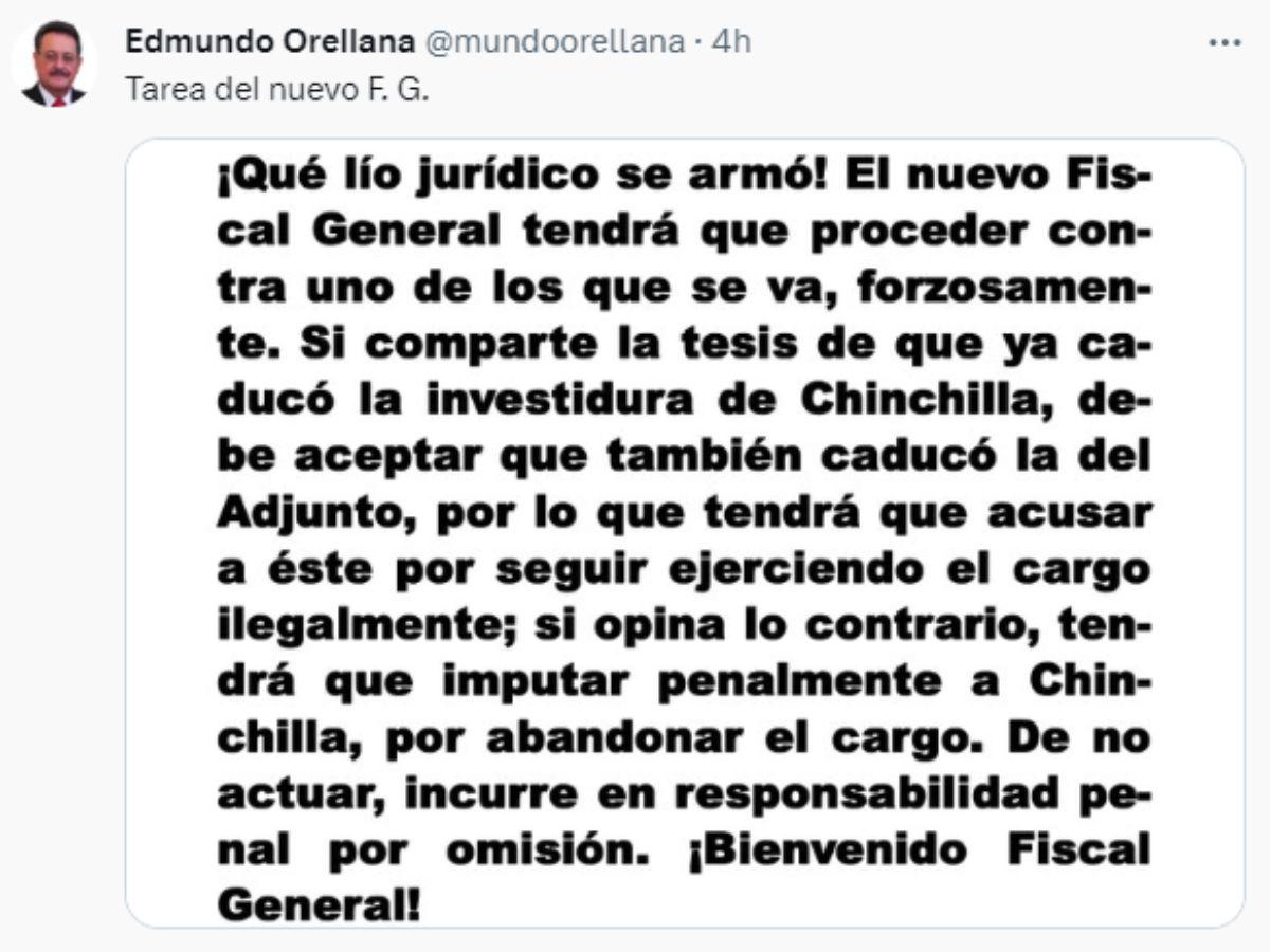 Edmundo Orellana insta a Daniel Sibrián a proceder contra Óscar Chinchilla por ‘abandonar’ su cargo