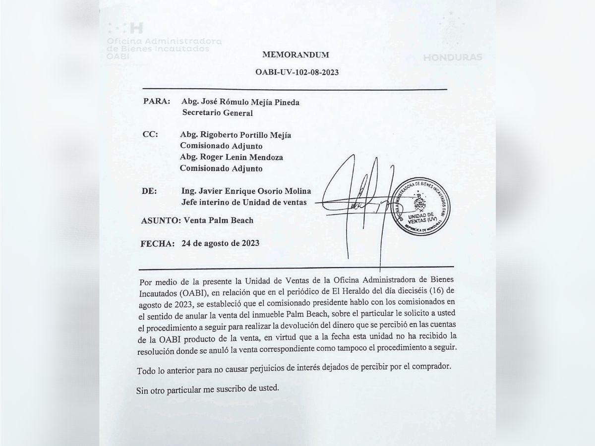 Este memorándum de la Unidad de Ventas revela que la venta de la propiedad no ha sido anulada.