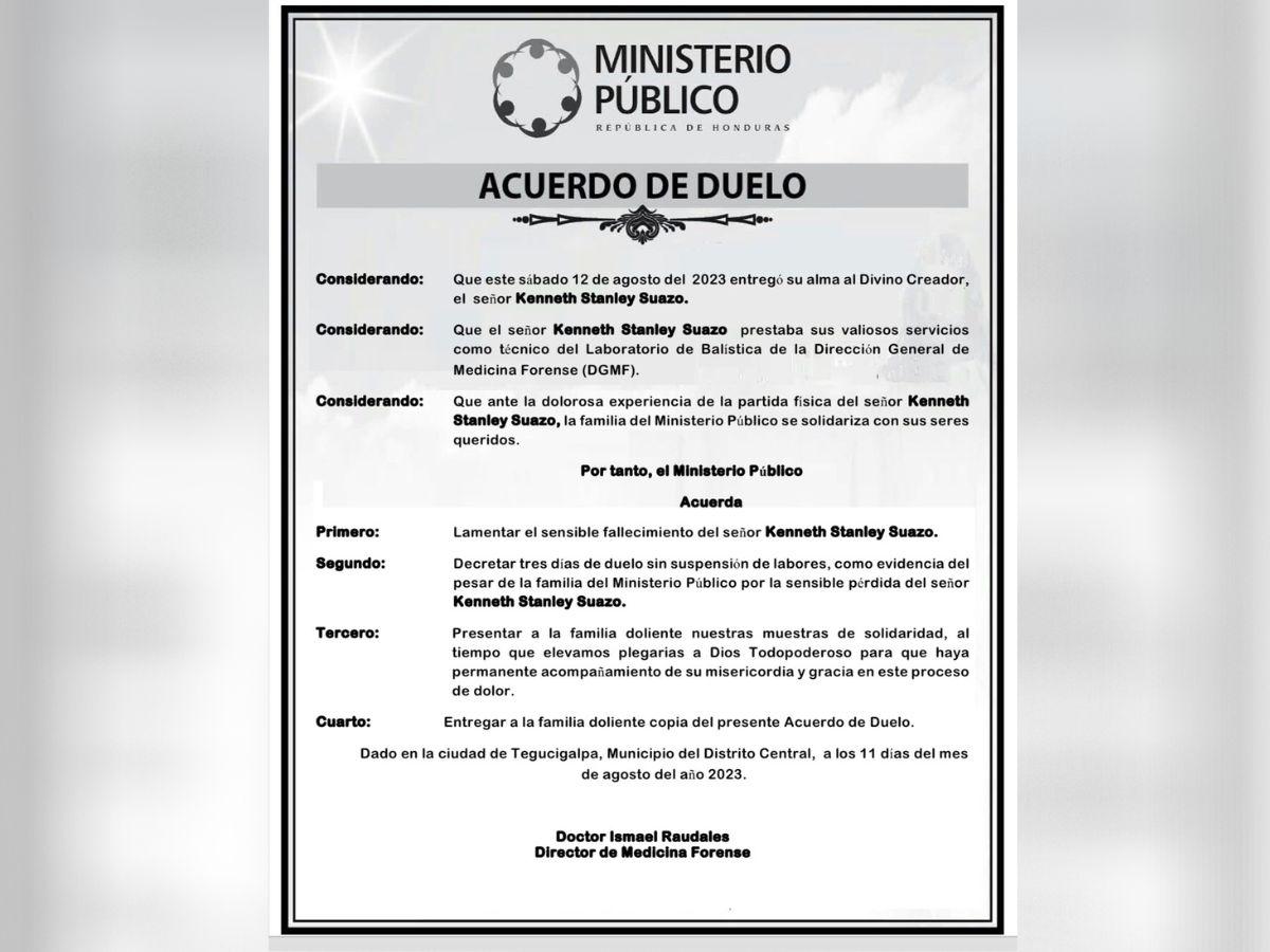 Acuerdo de duelo publicado por el Ministerio Público.