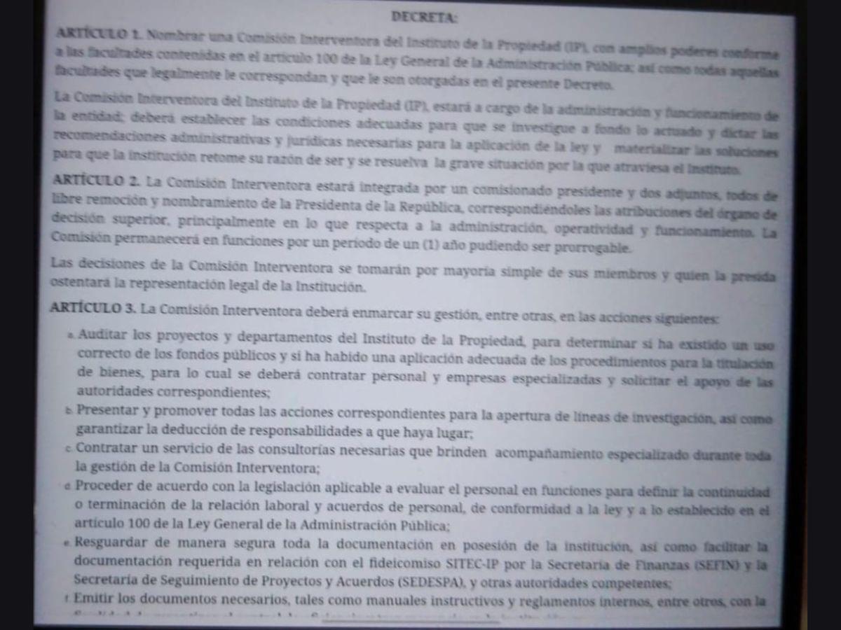 Plenos poderes tendrá la Junta Interventora del Instituto de la Propiedad