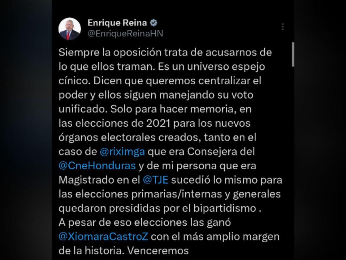 Enrique Reina expuso que el Partido Nacional y Liberal siguen dominando el órgano electoral en los comicios electorales.