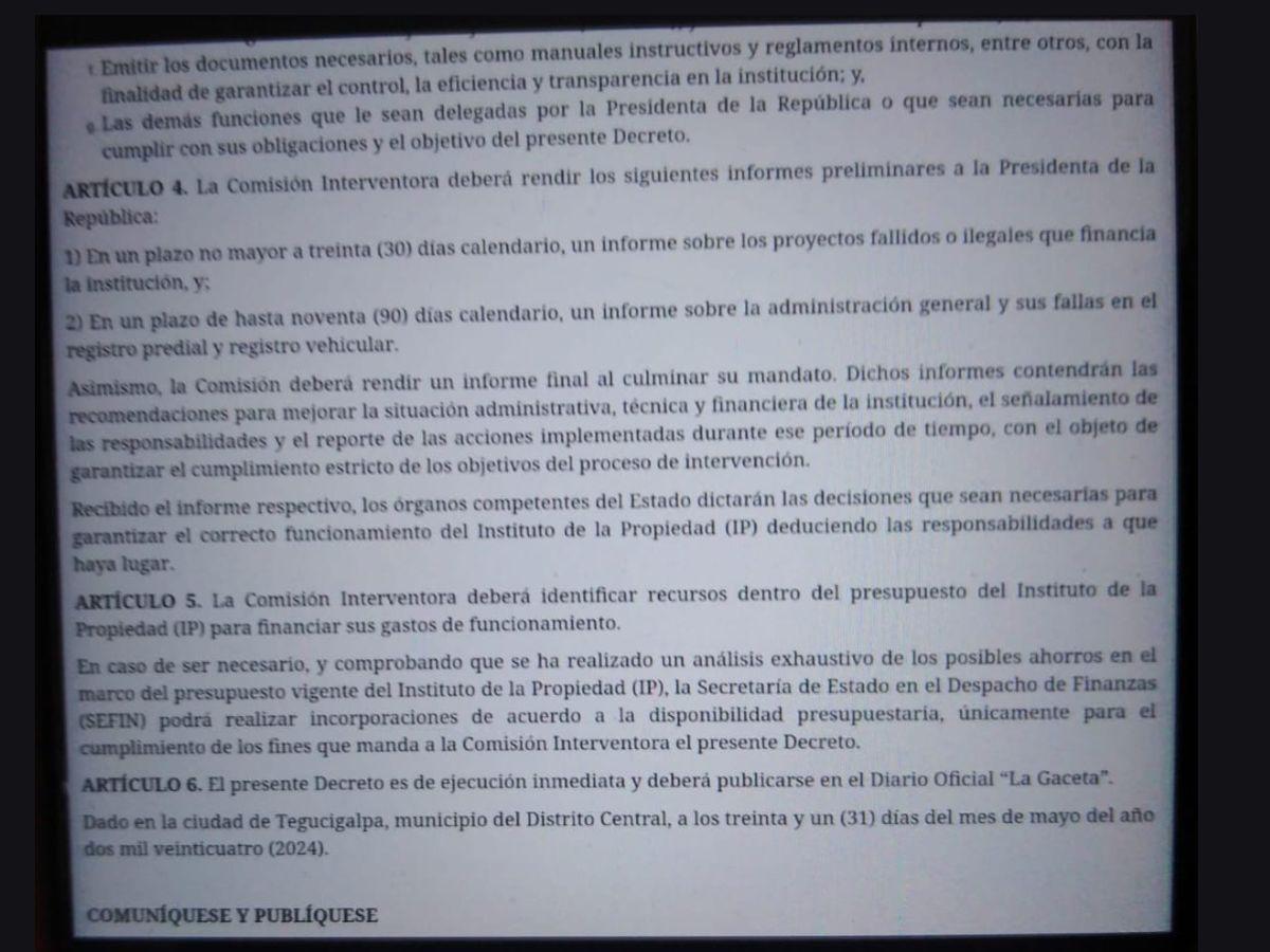 Plenos poderes tendrá la Junta Interventora del Instituto de la Propiedad