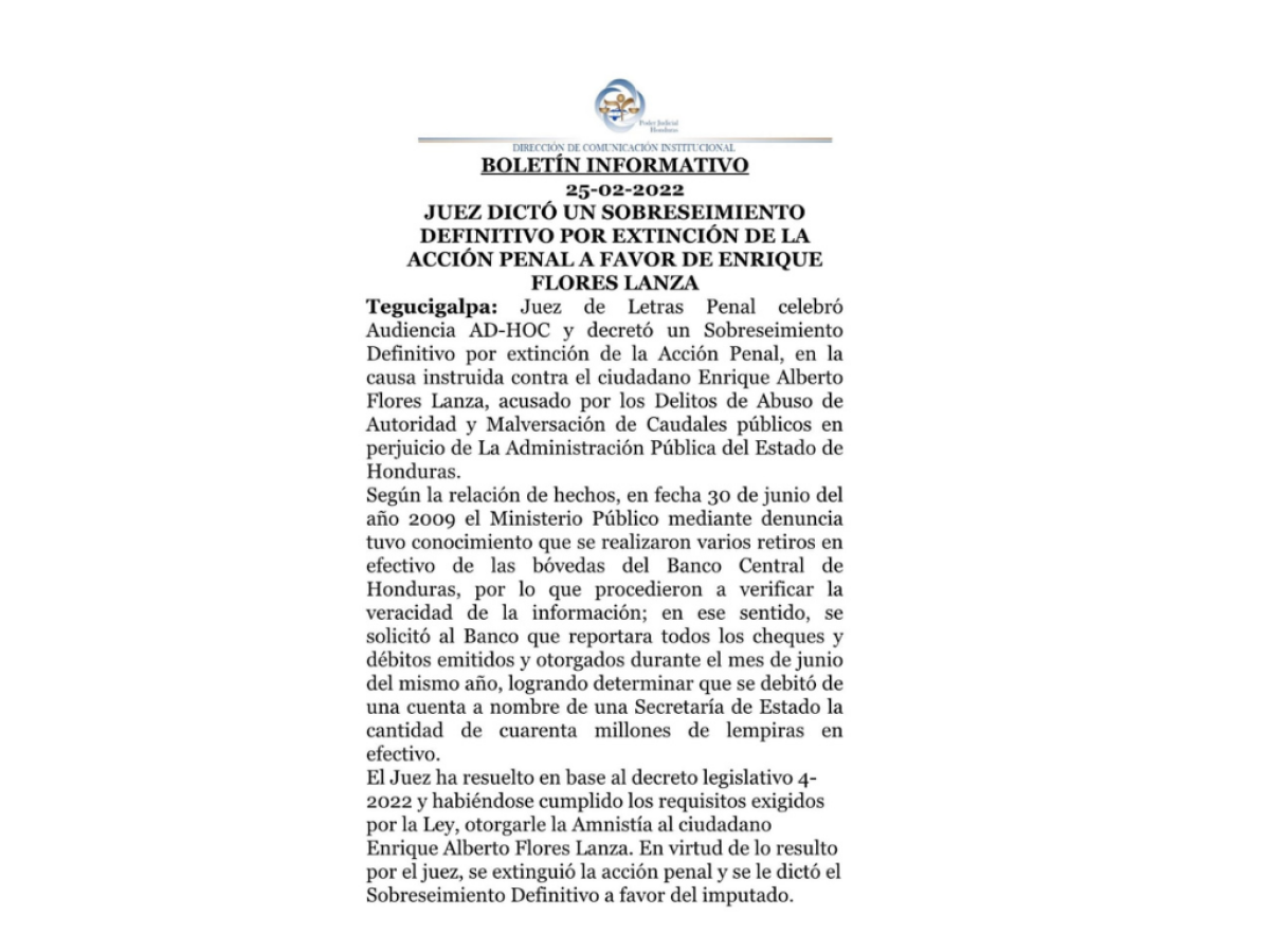 Exministro Enrique Flores Lanza obtiene carta de libertad por Ley de Amnistía