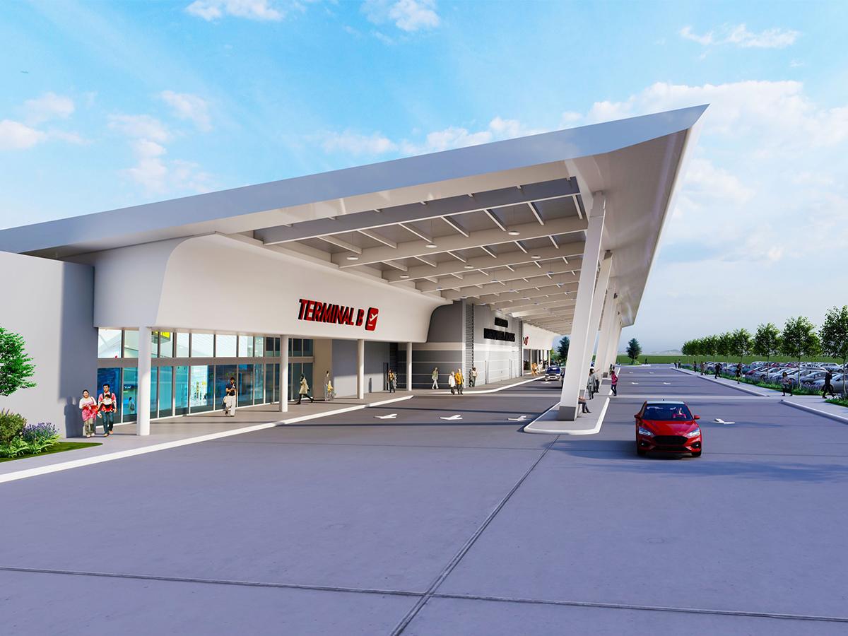 La fachada de la terminal B con el canopy al frente.