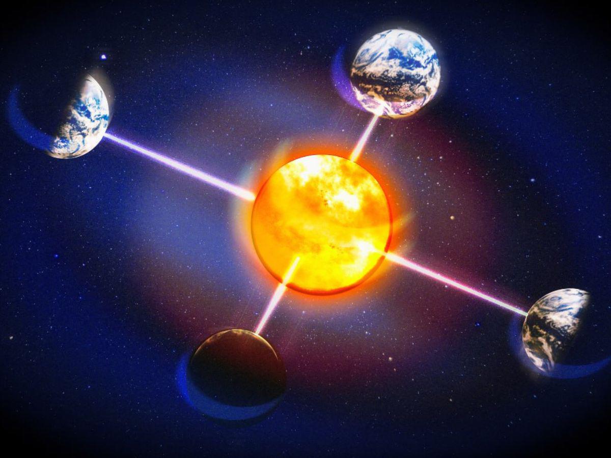 La rotación del eje de la tierra en su trayecto por el Sol determina las estaciones en los hemisferios norte y sur.