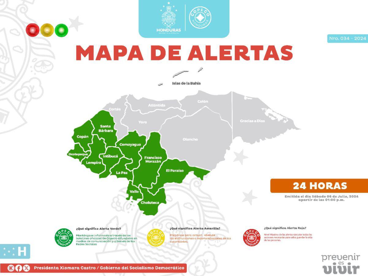 Departamentos en alerta verde por 24 horas.