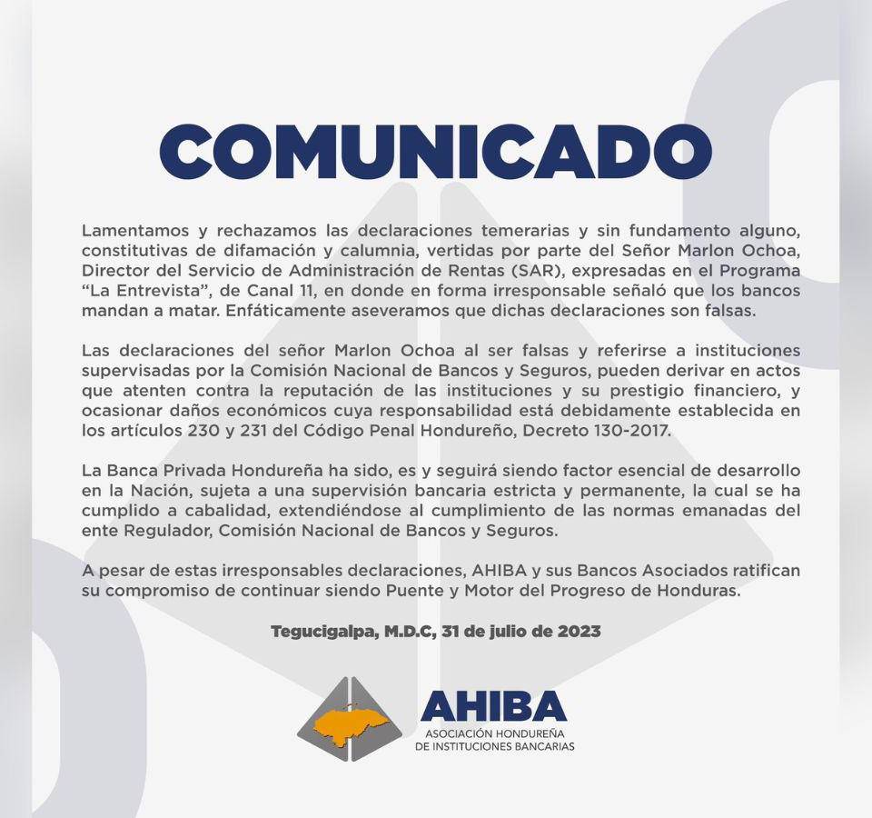 AHIBA rechaza declaraciones de Marlon Ochoa en contra del sistema bancario en Honduras