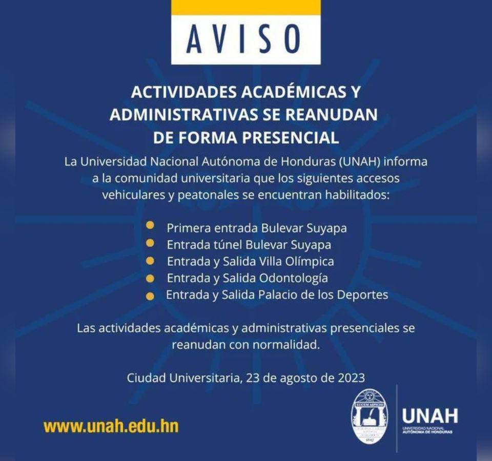 UNAH convoca a clases presenciales, pero accesos amanecen bloqueados