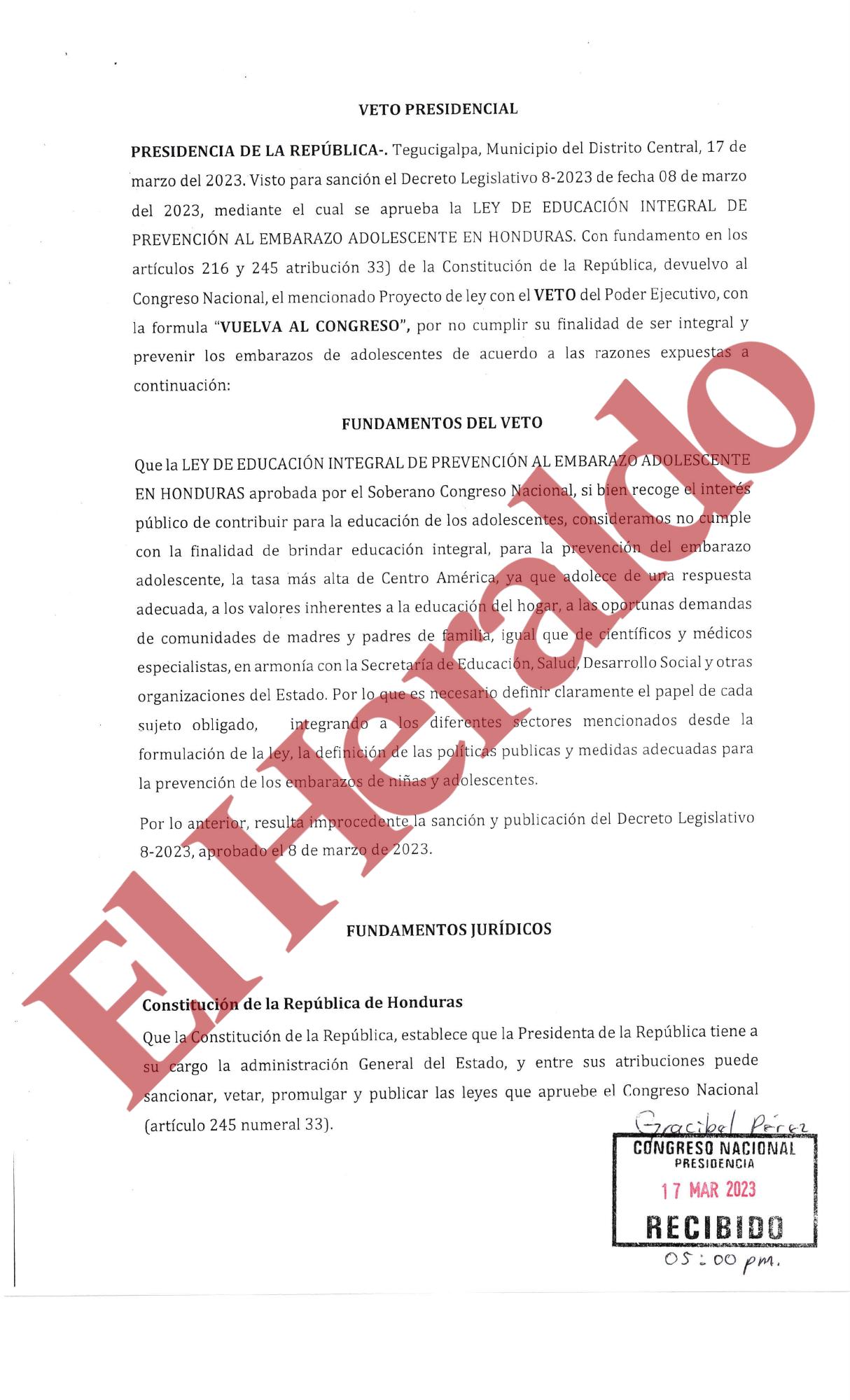 Veto presidencial, Ley de Educación Integral para la Prevención de Embarazos en Adolescentes