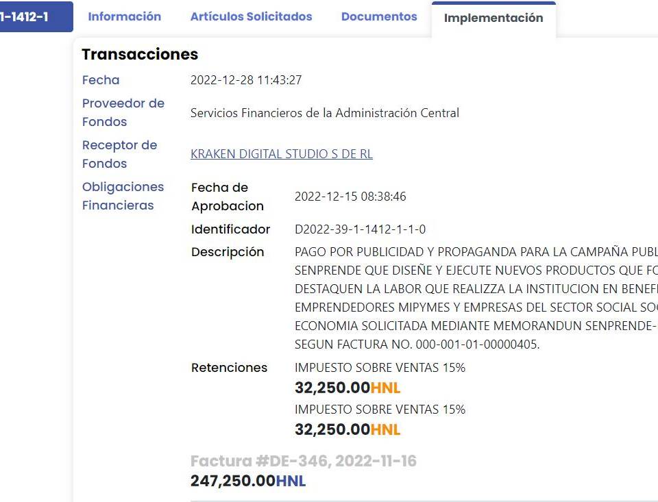 Los hijos del ministro recibieron 275 mil lempiras como pago por publicidad, según establece un contrato de Senprende.