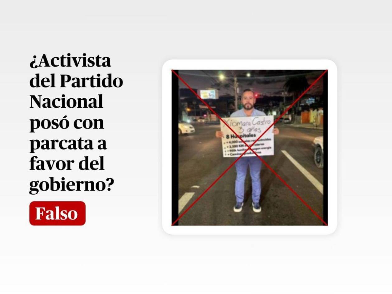 Foto del activista nacionalista con pancarta en favor de Xiomara Castro es un montaje