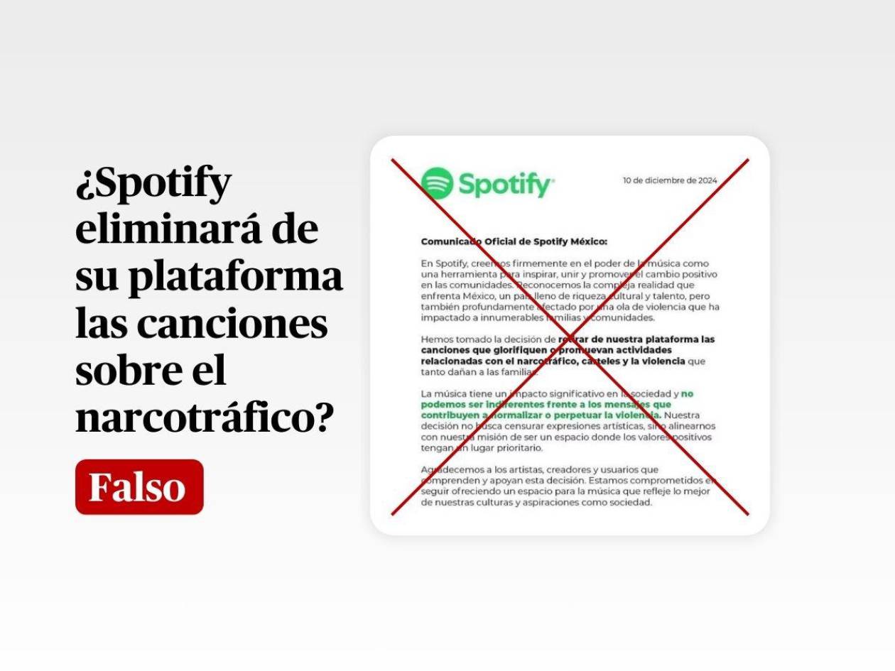 Falso que Spotify eliminará canciones relacionadas con el narcotráfico